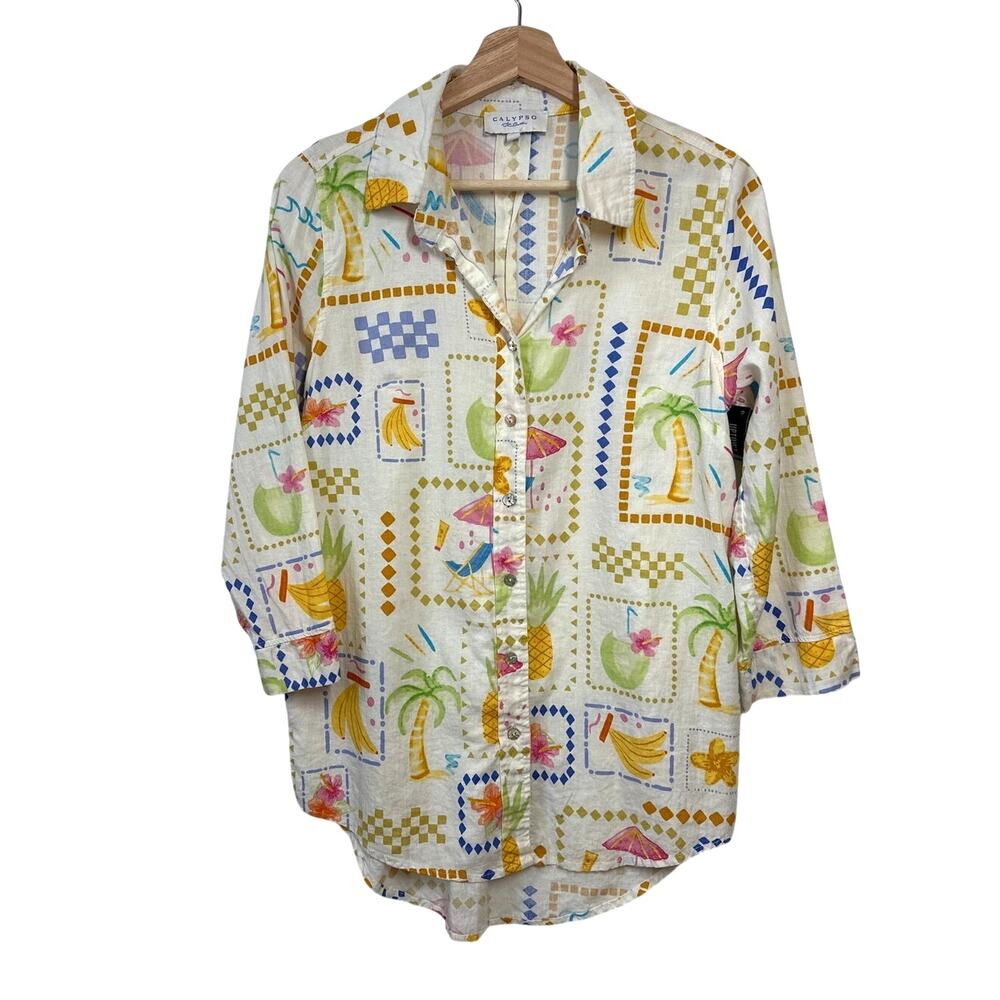 Calypso St. Barth Tropical Print Linen Blend Tunic Top Button Front Sz M Casual